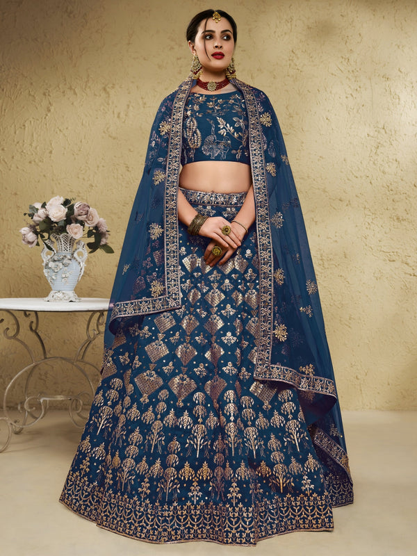 Blue Art Silk Lehenga Choli with Zari & Sequin Embroidery ClothsVilla
