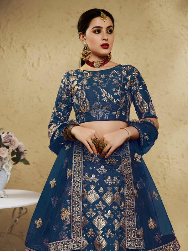 Blue Art Silk Lehenga Choli with Zari & Sequin Embroidery ClothsVilla