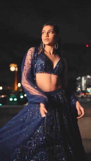 Blue Designer Net Sequins & Dori Work Lehenga Set ClothsVilla