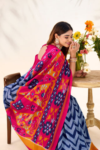 Blue Elegant Printed Tasar Silk Saree with Matching Unstitched Blouse Piece ClothsVilla