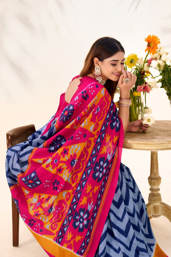 Blue Elegant Printed Tasar Silk Saree with Matching Unstitched Blouse Piece ClothsVilla