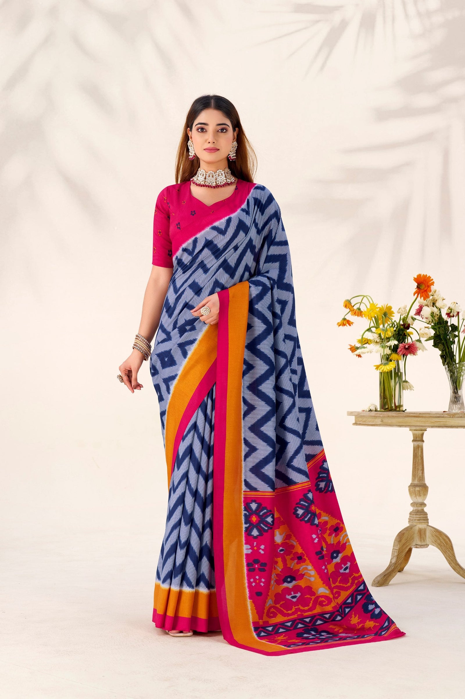 Blue Elegant Printed Tasar Silk Saree with Matching Unstitched Blouse Piece ClothsVilla