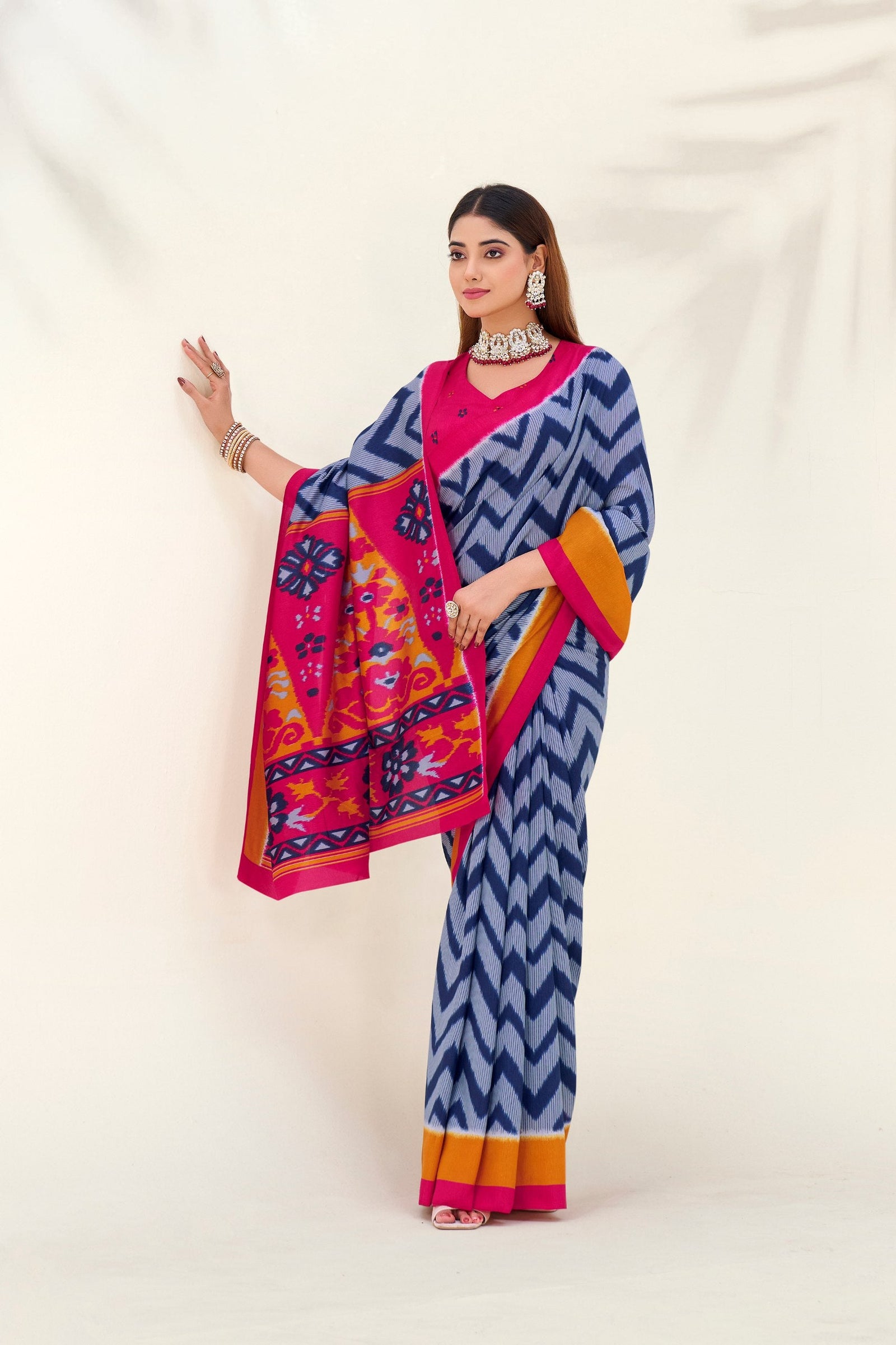 Blue Elegant Printed Tasar Silk Saree with Matching Unstitched Blouse Piece ClothsVilla