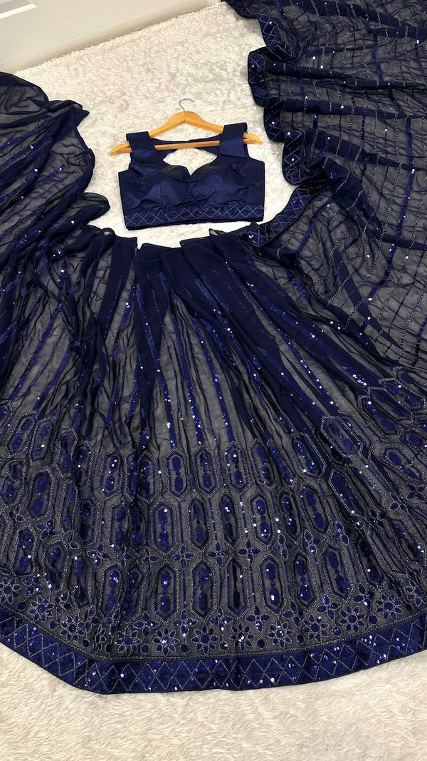 Blue Georgette Saree with Sequins, Thread & Dori Work with Japan Satin Blouse Piece ClothsVilla