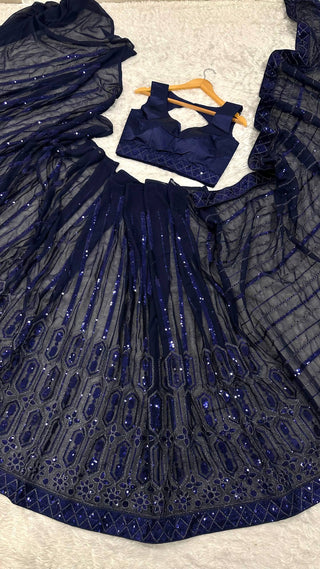 Blue Georgette Saree with Sequins, Thread & Dori Work with Japan Satin Blouse Piece ClothsVilla