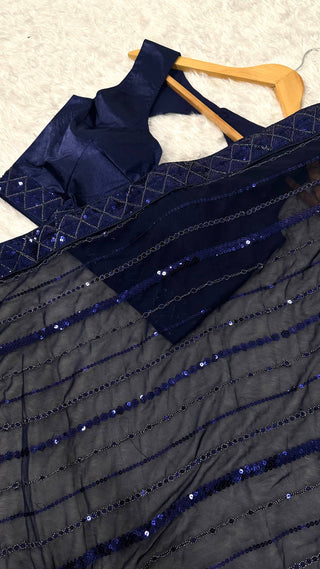 Blue Georgette Saree with Sequins, Thread & Dori Work with Japan Satin Blouse Piece ClothsVilla