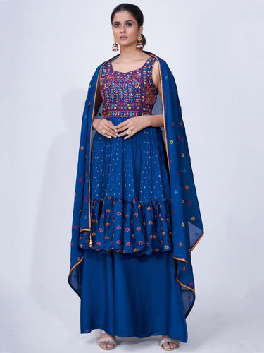 Blue Mirror Work Multi Embroidery Chiffon Palazzo Suit Clothsvilla