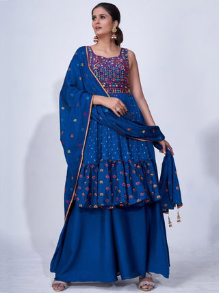 Blue Mirror Work Multi Embroidery Chiffon Palazzo Suit Clothsvilla