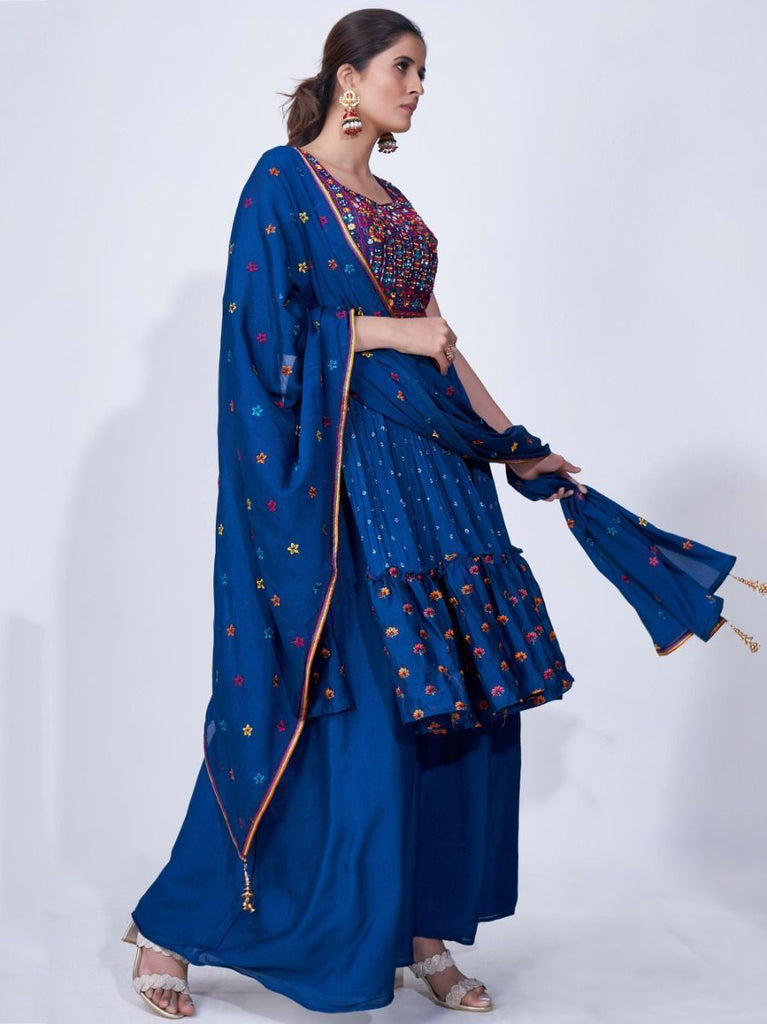 Blue Mirror Work Multi Embroidery Chiffon Palazzo Suit Clothsvilla