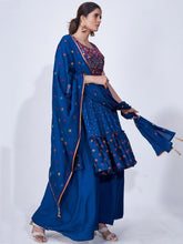 Load image into Gallery viewer, Blue Mirror Work Multi Embroidery Chiffon Palazzo Suit Clothsvilla