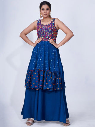 Blue Mirror Work Multi Embroidery Chiffon Palazzo Suit Clothsvilla