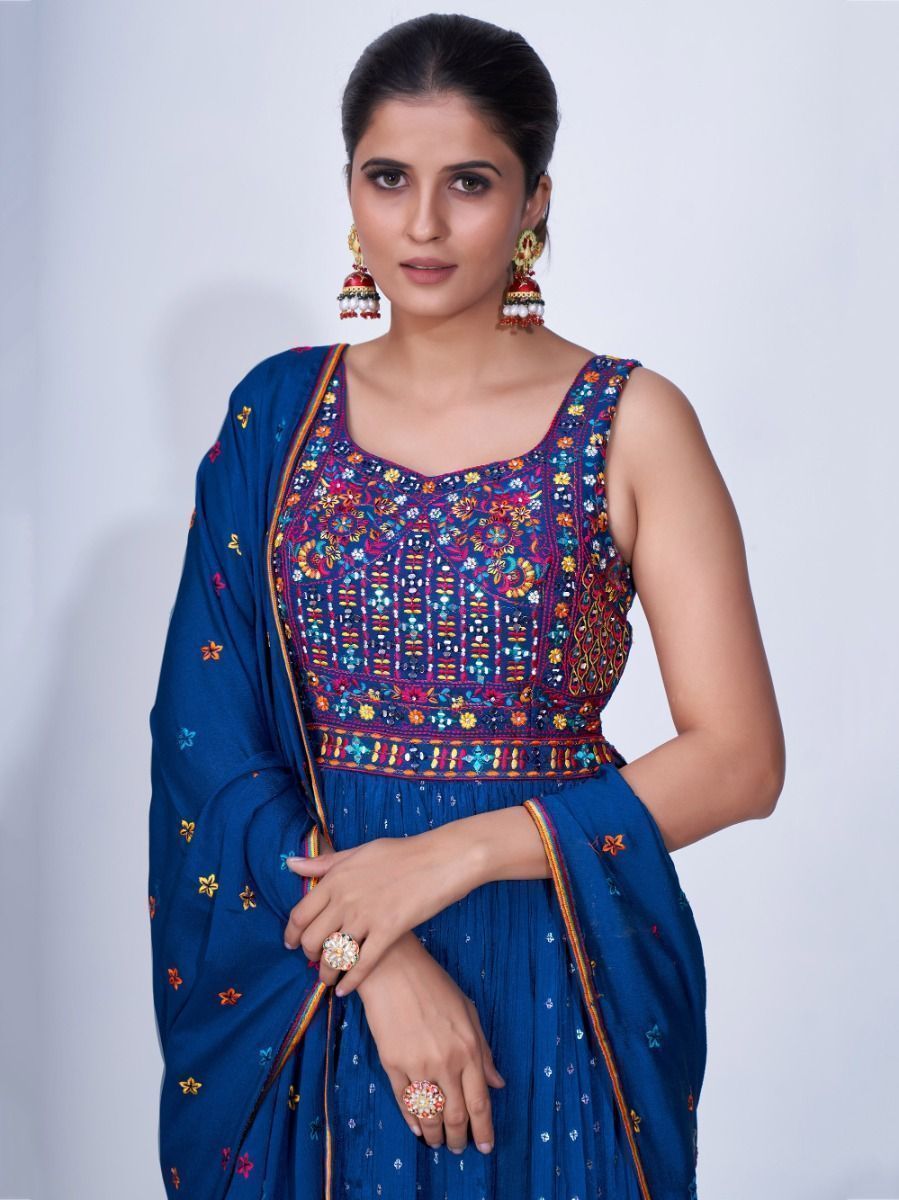 Blue Mirror Work Multi Embroidery Chiffon Palazzo Suit Clothsvilla