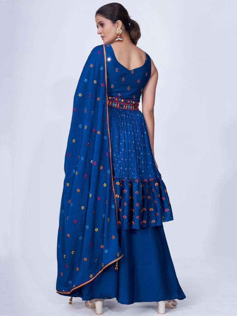 Blue Mirror Work Multi Embroidery Chiffon Palazzo Suit Clothsvilla
