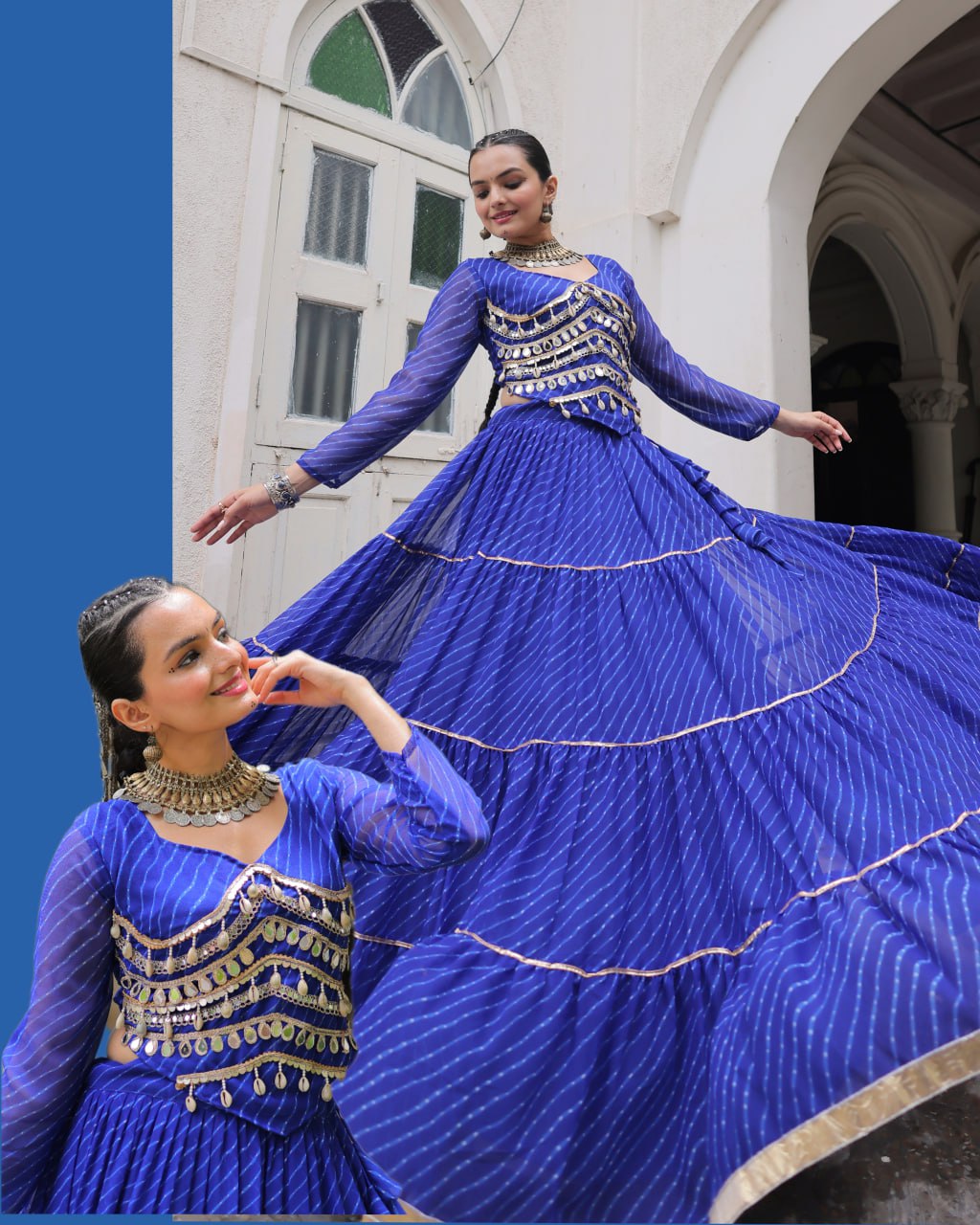 Blue Navratri Special Leheriya Print Lehenga Choli with 12 Mtr Flair & Mirror Lace Work ClothsVilla