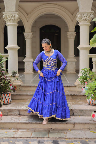 Blue Navratri Special Leheriya Print Lehenga Choli with 12 Mtr Flair & Mirror Lace Work ClothsVilla