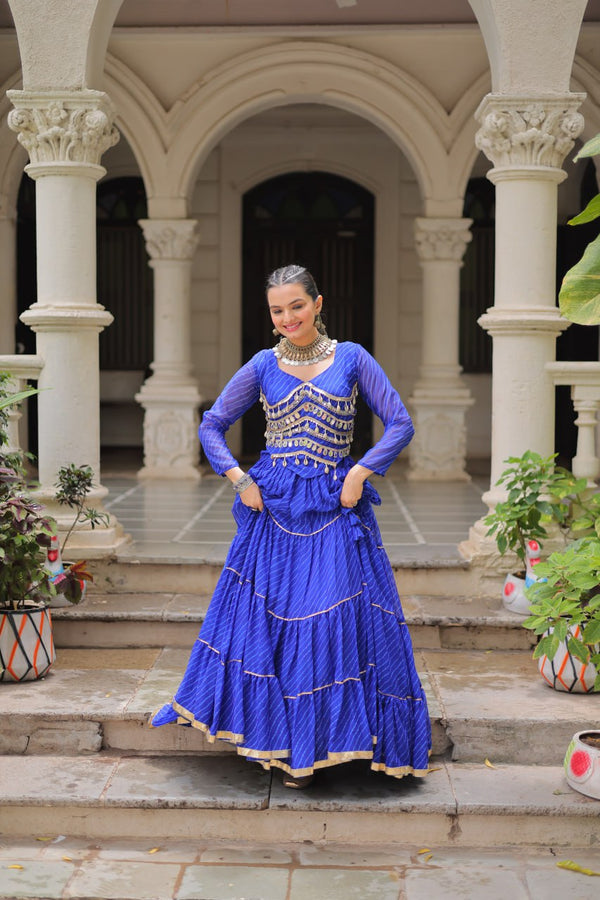 Blue Navratri Special Leheriya Print Lehenga Choli with 12 Mtr Flair & Mirror Lace Work ClothsVilla