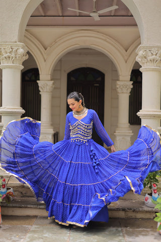Blue Navratri Special Leheriya Print Lehenga Choli with 12 Mtr Flair & Mirror Lace Work ClothsVilla