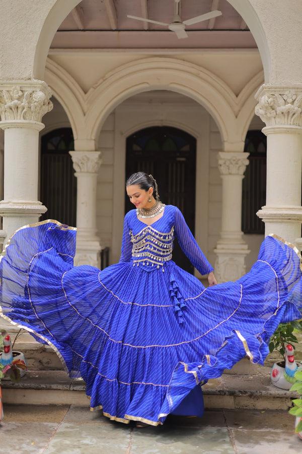 Blue Navratri Special Leheriya Print Lehenga Choli with 12 Mtr Flair & Mirror Lace Work ClothsVilla