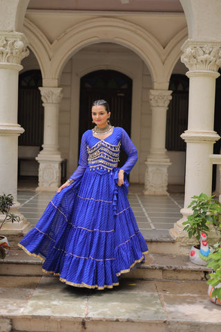 Blue Navratri Special Leheriya Print Lehenga Choli with 12 Mtr Flair & Mirror Lace Work ClothsVilla