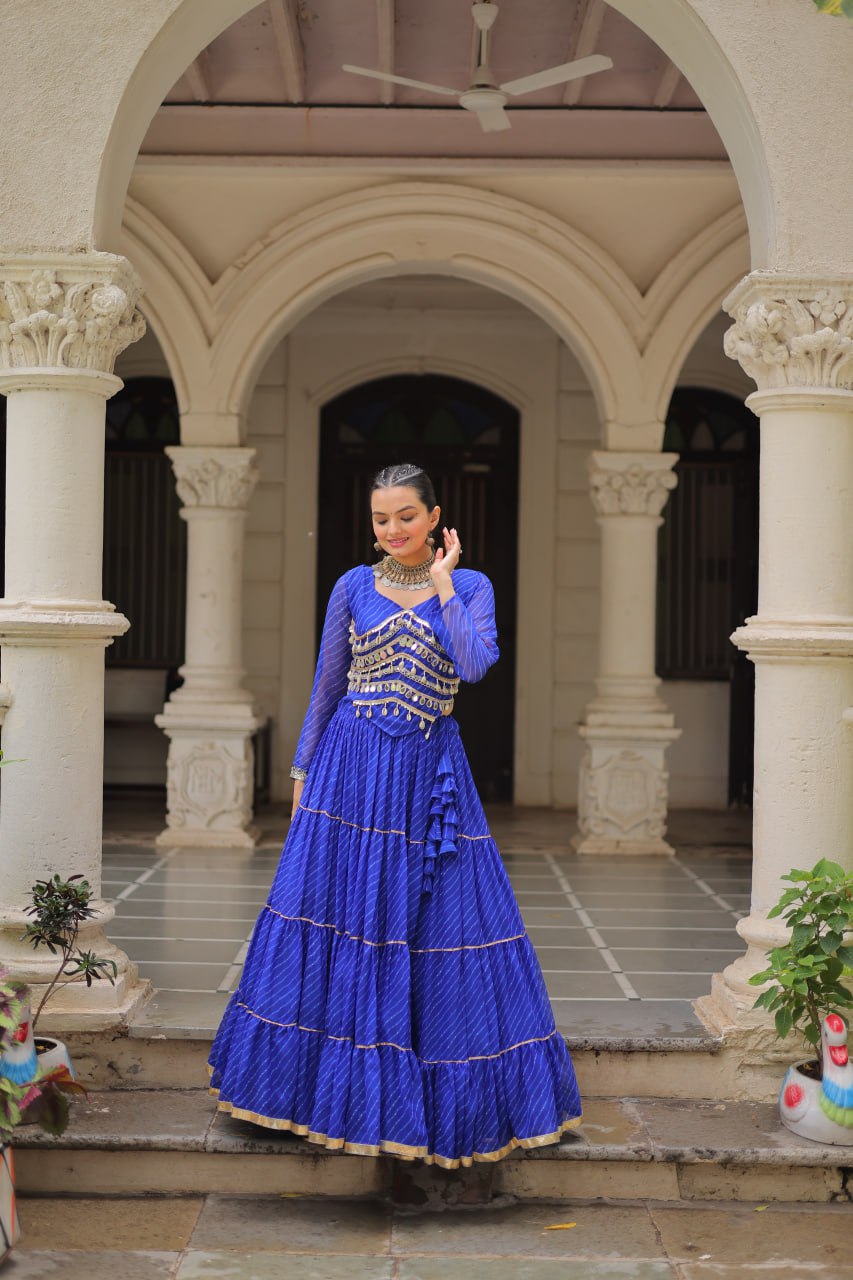 Blue Navratri Special Leheriya Print Lehenga Choli with 12 Mtr Flair & Mirror Lace Work ClothsVilla