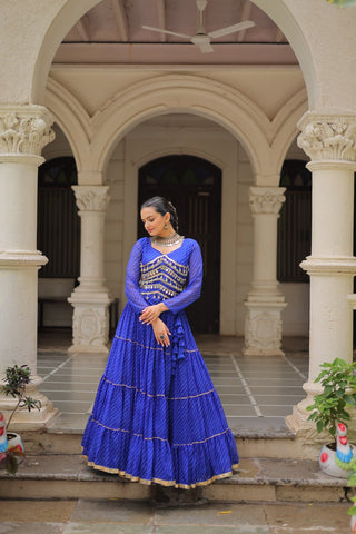 Blue Navratri Special Leheriya Print Lehenga Choli with 12 Mtr Flair & Mirror Lace Work ClothsVilla