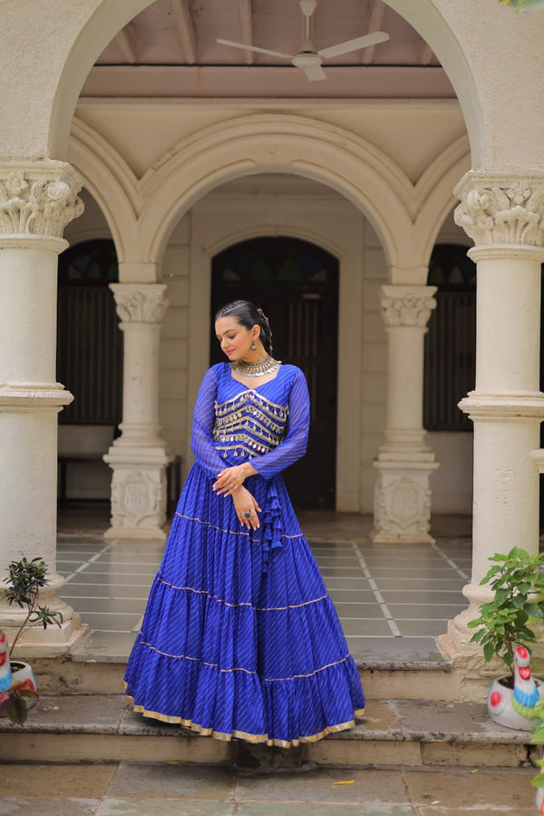 Blue Navratri Special Leheriya Print Lehenga Choli with 12 Mtr Flair & Mirror Lace Work ClothsVilla