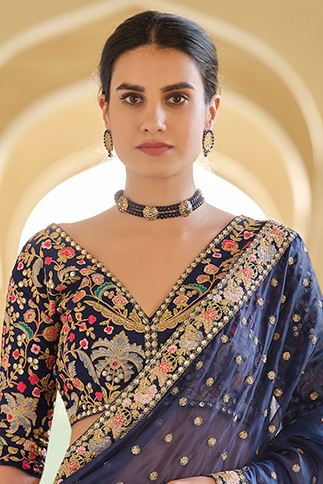 Blue Organza Saree with Zari, Thread & Sequins Work Unstitched Bangalori Silk Blouse ClothsVilla