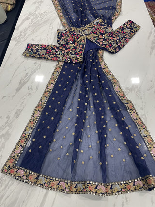 Blue Organza Saree with Zari, Thread & Sequins Work Unstitched Bangalori Silk Blouse ClothsVilla
