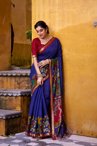 Blue Polyester Viscose Chanderi Saree with Kalamkari Print & Zari Weaving ClothsVilla