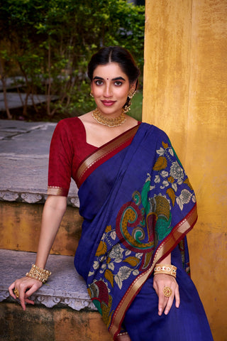 Blue Polyester Viscose Chanderi Saree with Kalamkari Print & Zari Weaving ClothsVilla