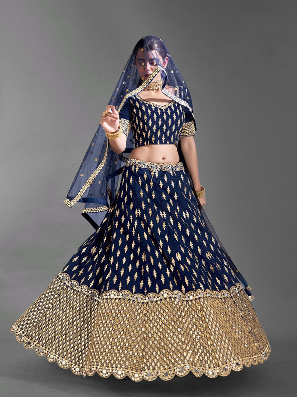 Blue Regal Banglori Silk Lehenga Set with Heavy Zari, Foil & Real Mirror Work ClothsVilla