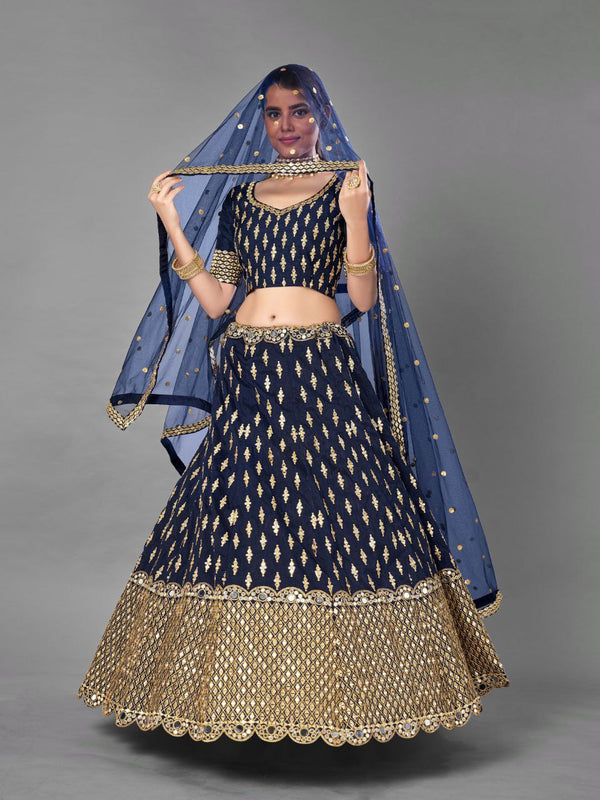Blue Regal Banglori Silk Lehenga Set with Heavy Zari, Foil & Real Mirror Work ClothsVilla