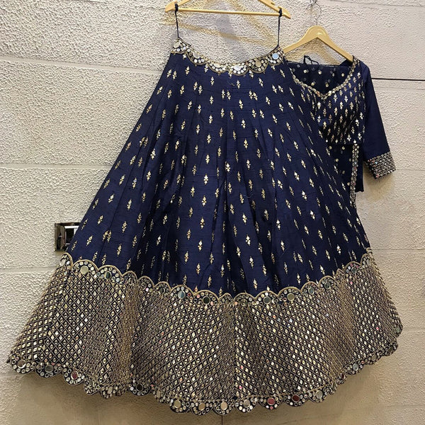 Blue Regal Banglori Silk Lehenga Set with Heavy Zari, Foil & Real Mirror Work ClothsVilla