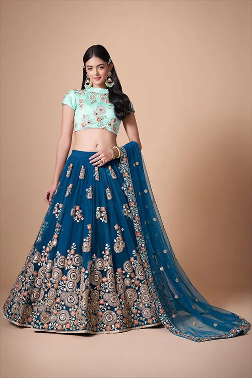 Blue Soft Net Sequins Embroidered With Mirror Work Lehenga Choli Clothsvilla