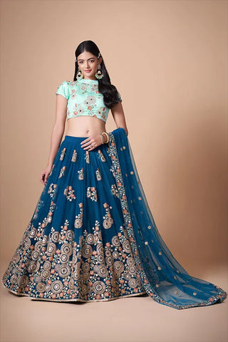 Blue Soft Net Sequins Embroidered With Mirror Work Lehenga Choli Clothsvilla