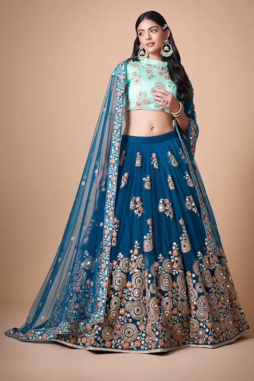 Blue Soft Net Sequins Embroidered With Mirror Work Lehenga Choli Clothsvilla