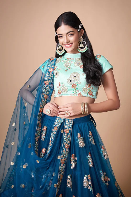 Blue Soft Net Sequins Embroidered With Mirror Work Lehenga Choli Clothsvilla