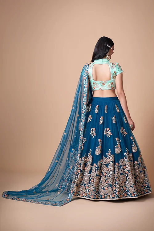 Blue Soft Net Sequins Embroidered With Mirror Work Lehenga Choli Clothsvilla