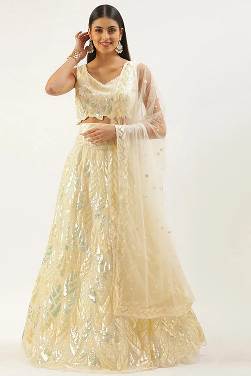 Yellow Soft Net Lehenga Choli with Thread Embroidery Clothsvilla