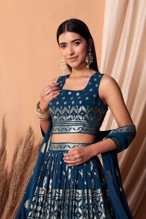 Blue Bollywood Lehenga Choli with Sequins & Embroidery Clothsvilla