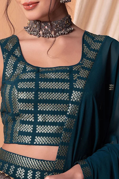 Teal Blue Bollywood Georgette Lehenga Choli Online Secondary image