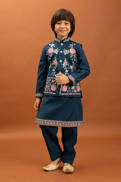Bottle Green Kids Kurta Pajama with Koti Set Clothsvilla
