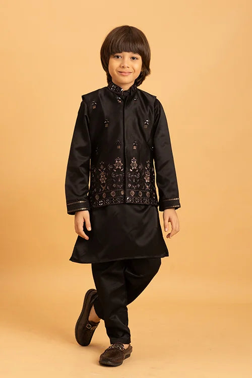 Traditional Black Mirror Work Koti Kurta Set for Boys Clothsvilla