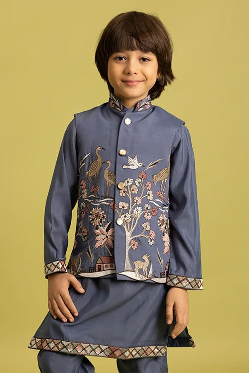 Wedding Special Kids Blue Grey Koti Kurta Outfit Clothsvilla