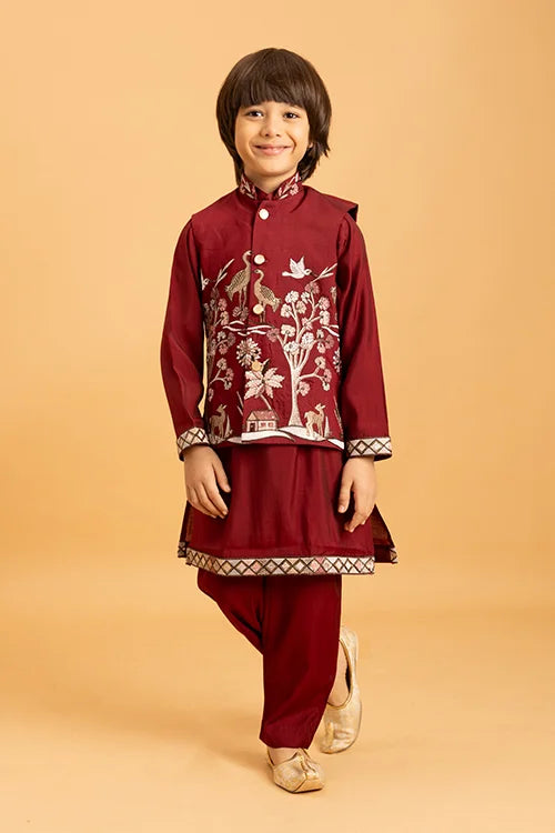 Kids Wedding Special Maroon Koti Kurta Set Outfit Clothsvilla