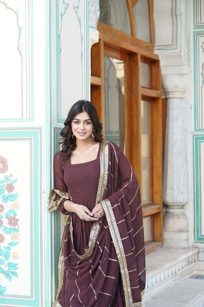 Alluring Brown Faux Georgette Gown with Sequined Dupatta ClothsVilla