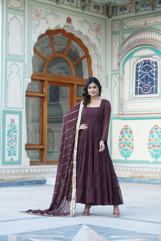 Alluring Brown Faux Georgette Gown with Sequined Dupatta ClothsVilla