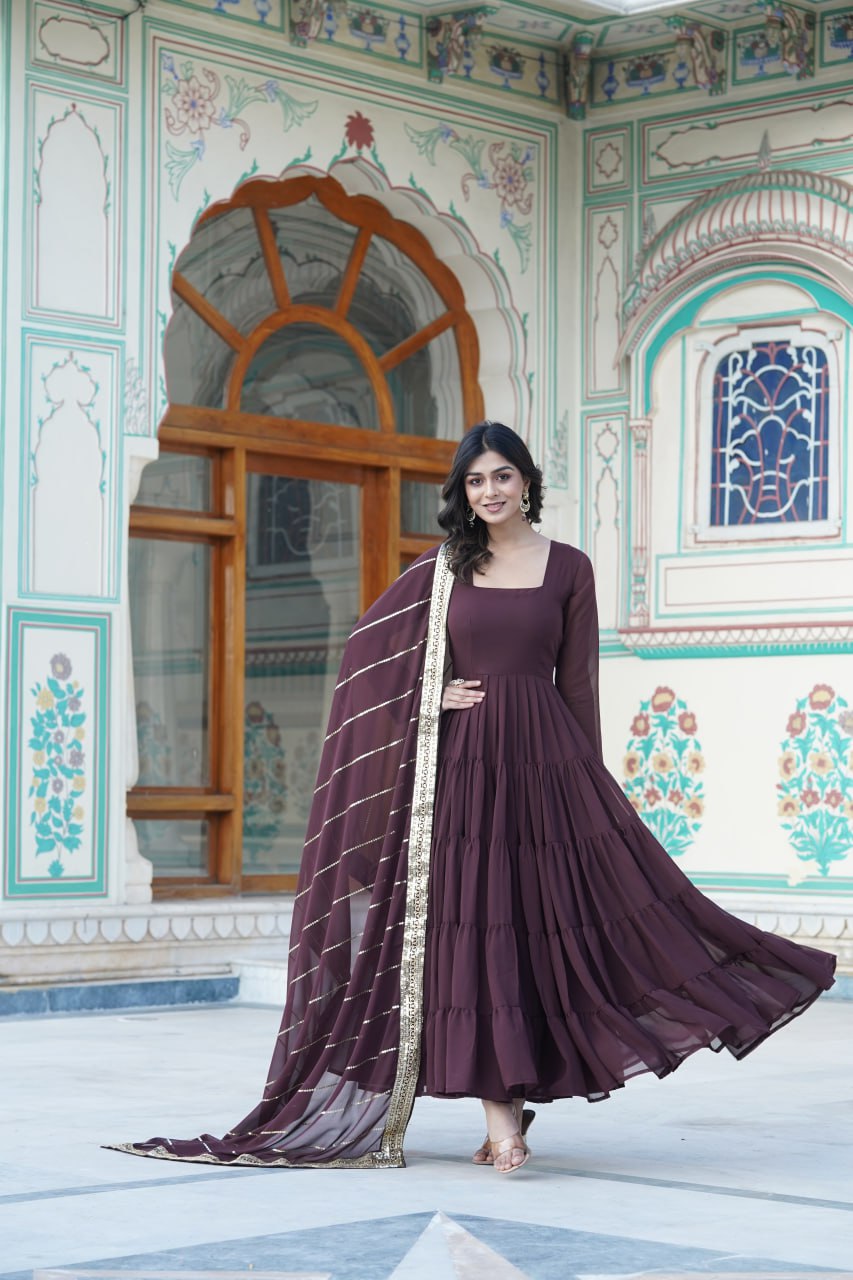 Alluring Brown Faux Georgette Gown with Sequined Dupatta ClothsVilla