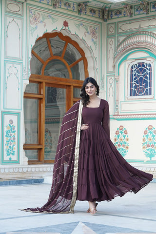 Alluring Brown Faux Georgette Gown with Sequined Dupatta ClothsVilla