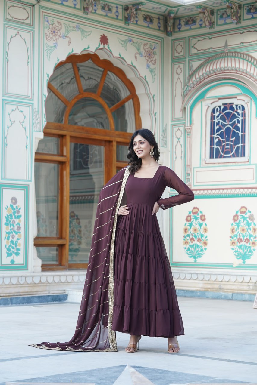 Alluring Brown Faux Georgette Gown with Sequined Dupatta ClothsVilla